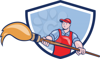 Illustration of an artist painter holding a giant paintbrush set inside shield crest on isolated background done in cartoon style.
