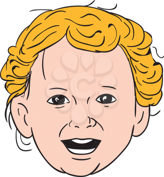 Drawing sketch style illustration of a head of a blonde caucasian toddler smiling viewed from front set on isolated white background done. 