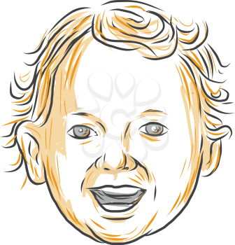 Drawing sketch style illustration of a Caucasian toddler, aged 1 to 3 years old with curly hair smiling viewed from front set on isolated white background. 