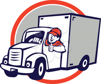 Illustration of a delivery van driver driving doing a thumbs up set inside circle done in cartoon style. 