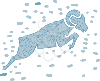 Watercolor style illustration of a ram goat jumping viewed from the side set on isolated background. 