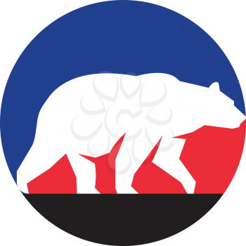 Illustration of a silhouette of a grizzly brown bear walking viewed from the side set inside circle done in retro style. 