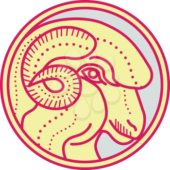 Mono line style illustration of a merino ram sheep head viewed from the side set inside circle on isolated background. 