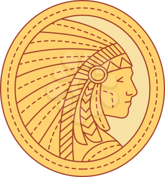 Mono line style illustration of a native american indian chief wearing feather headdress viewed from the side set inside circle. 