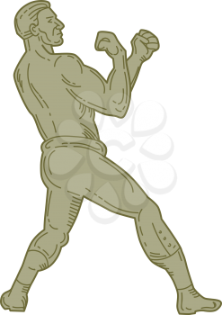 Mono line style illustration of a boxer in a fighting stance pose viewed from the side set on isolated white background. 