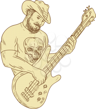 Drawing sketch style illustration of a  bearded cowboy wearing hat holding playing bass guitar viewed from front set on isolated white background. 