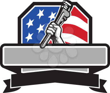 Illustration of a plumber hand holding adjustable pipe wrench viewed from the side set inside shield crest with usa american stars and stripes flag in the background done in retro style. 
