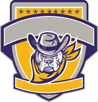Illustration of a bulldog sheriff cowboy head facing front set inside shield crest with with stars and banner in the background. 