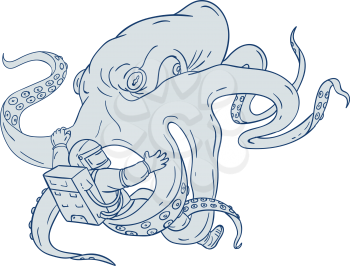 Drawing sketch style illustration of a giant octopus fighting an astronaut holding astronaut with it's tentacles set on isolated white background. 