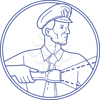 Mono line style illustration of a policeman security guard police officer holding flashlight torch looking to the side viewed from front set inside circle on isolated background. 