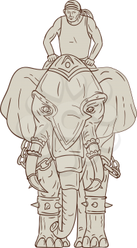 Drawing sketch style illustration of a war elephant with mahout rider riding viewed from front set on isolated white background. 