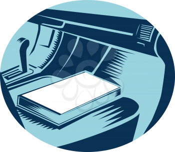 Illustration showing Close up of The Book sitting on the passenger seat of car set inside oval shape done in retro woodcut style. 