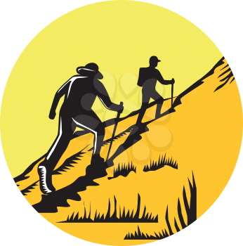 Illustration of hikers with hiking stick hiking up a steep trail set inside circle done in retro woodcut style. 