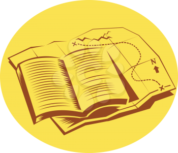 Illustration of an open book on top of a trail map set inside oval shape on isolated background done in retro woodcut style. 
