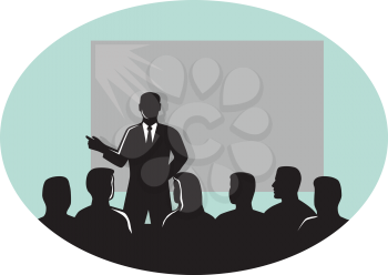 Illustration of a speaker talking in front of audience with a projector screen at the back set inside oval shape done in retro woodcut style .
