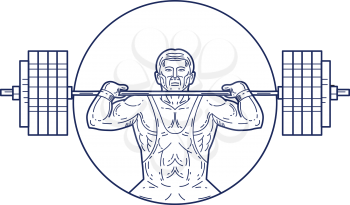 Mono line style illustration of a strongman lifting heavy weight barbell set inside circle viewed from front. 