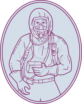 Mono line style illustration of a worker in a haz chem suit set inside oval shape on isolated background. 