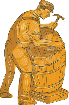 Drawing sketch style illustration of a cooper with hammer making a wooden barrel, cask or bucket viewed from the side set on isolated white background. 