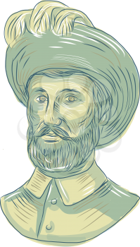 Drawing sketch style illustration of Juan Sebastian Elcano aka Juan Sebastian del Cano, a Spanish explorer of Basque origin who completed the first circumnavigation of the Earth viewed from front set 