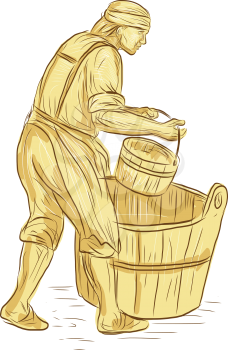 Drawing sketch style illustration of a medieval miller or milne carrying bucket with barrel on the ground viewed from the side set on isolated white background. 