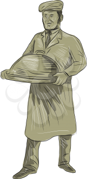 Drawing sketch style of a Victorian waiter holding serving food in a platter set on isolated white background. 