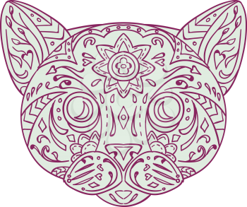 Mandala style illustration of a cat head  viewed from front set on isolated white background. 