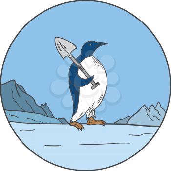 Mono line style illustration of an emperor penguin,Aptenodytes forsteri, a penguin species endemic to Antarctica carrying a shovel and walking on ice with snow mountains in background set inside circl