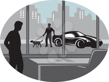 Illustratin of a man from inside an office looking through a window and seeing a person standing next to an exotic car with a well-groomed dog on a leash set inside oval shape with buildings in the ba