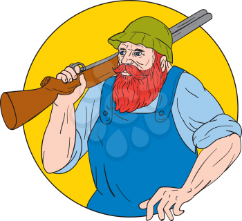 Drawing sketch style illustration of Paul Bunyan, a giant lumberjack in American folklore, carrying a shotgun rifle on shoulder set inside circle done. 