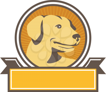 Illustration of a yellow labrador golden retriever dog head looking to the side viewed from front set inside circle with sunburst in the background done in retro style. 