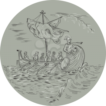 Drawing sketch style illustration of an ancient Greek trirema warship ship with mariners rowing and navigator pointing forward sailing on rough Mediterranean sea set inside circle. 