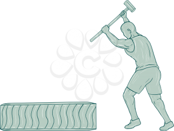 Drawing sketch style illustration of an athlete working out holding sledgehammer striking tire viewed from the side set on isolated white background. 