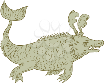 Drawing sketch style illustration of an ancient sea monsters, marine beings from folklore believed to dwell in the sea and often imagined to be of immense size set on isolated white background viewed 