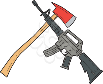 Drawing sketch style illustration of a crossed fire ax and an  M4 magazine-fed carbine rifle used by the United States Army and US Marine Corps combat units set on isolated white background. 