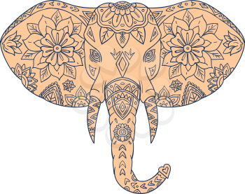 Mandala style illustration of an elephant head viewed from front set on isolated white background. 