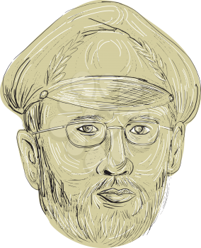 Drawing sketch style illustration of a Turkish general head wearing glasses and cap viewed from the front set on isolated white background. 
