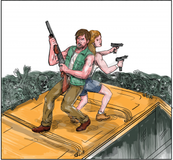 Watercolor style illustration of a man and woman on top of a van with back against each other holding gun rifle fighting zombies. 
