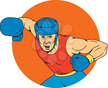 Drawing sketch style illustration of an amateur boxer wearing headgear hitting an overhead punch viewed from front set inside circle shape. 