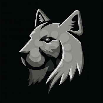 Metallic style flat icon or mascot illustration of head of a lynx cat or bobcat viewed from side on isolated black background.