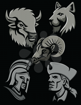 Metallic style flat icon or mascot illustration of a bison or buffalo, bobcat or lynx cat, bighorn sheep, Spartan warrior and an American patriot head on isolated black background.
