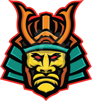 Mascot icon illustration of head of a Samurai warrior wearing a Mengu or Mempo, a types of facial armour viewed from front on isolated background in retro style.