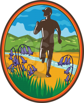 Retro style illustration of a country marathon runner running with common bluebells in foreground and river stream and green hill in background set inside oval.