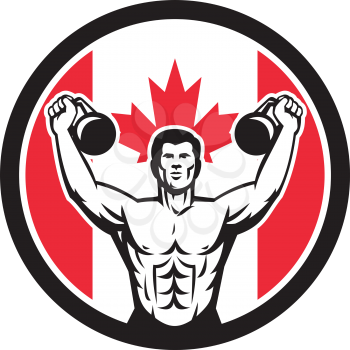 Icon retro style illustration of a Canadian physical fitness buff training with kettlebell and Canada maple leaf flag set inside circle on isolated background.