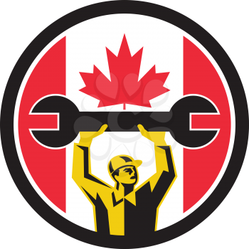 Icon retro style illustration of a Canadian automotive mechanic lifting spanner with Canada maple leaf flag set inside circle on isolated background.