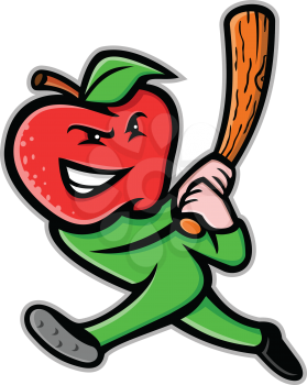 Mascot icon illustration of an apple, a sweet, edible fruit produced by apple trees,  as baseball player batting with baseball bat viewed from side on isolated background in retro style.
