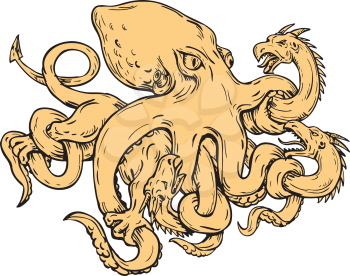 Drawing sketch style illustration of a giant octopus, soft-bodied, eight-armed mollusc , fighting or grappling with a Lernaean hydra, a many-headed serpent in Greek mythology on isolated background.
