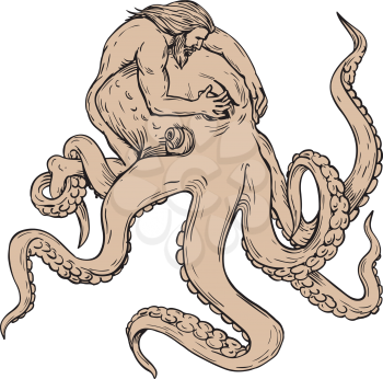 Drawing sketch style illustration of Hercules or Heracles, a Greek or Roman hero and god, fighting a giant octopus, an eight-armed mollusc, by covering it's eyes to calm it on isolated background.