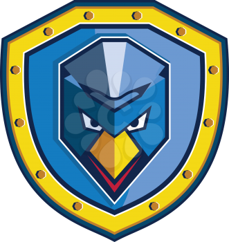 Icon style illustration of a Blue Chicken with Mohawk set inside crest Shield on isolated background.