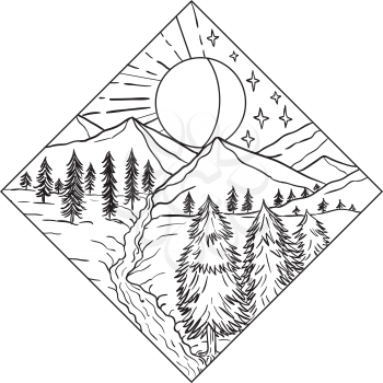 Mono line illustration of Night and Day Sun and Moon stars with mountain river and trees set inside diamond shape on isolated background done in black and white.