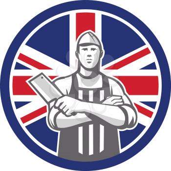 Icon retro style illustration of British butcher arms crossed holding a meat cleaver viewed from front  with United Kingdom UK, Great Britain Union Jack flag set inside circle on isolated background.